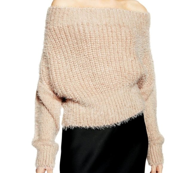 BNWT TOPSHOP LUXE COLL. FLUFFY OFF SHOULDER SWEATER SZ 0-2 NUDE TAN - Picture 2 of 8